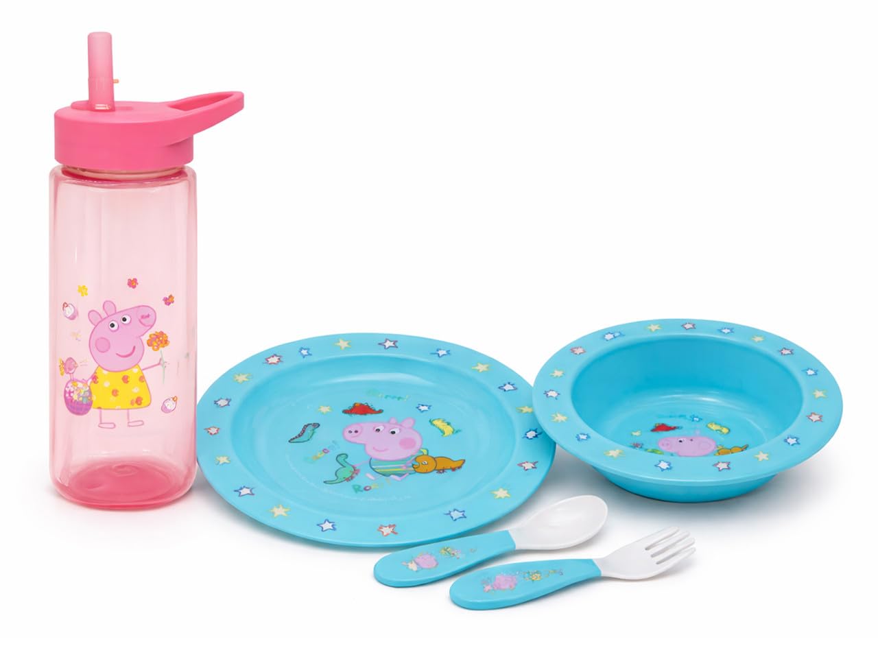 5PCs George Pig Reusable Dinnerware Set - 420ml Straw Sipper, Stacking Bowl, Plate, Fork and Spoon, BPA Free Children Microwave Tableware Cutlery Set 4+Years