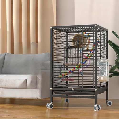 Bxzzuis 鳥かご 鳥かご 大型 鳥ケージ キャスター付き 鳥かご移動便利 ダブルロック設計 清掃が簡単 餌入れ付き ル鳥かご 複数飼い大型インコ ケージ セキセイインコゴザクラインコオカメイ (ブラック,オールメッシュ【パッケージ4】)