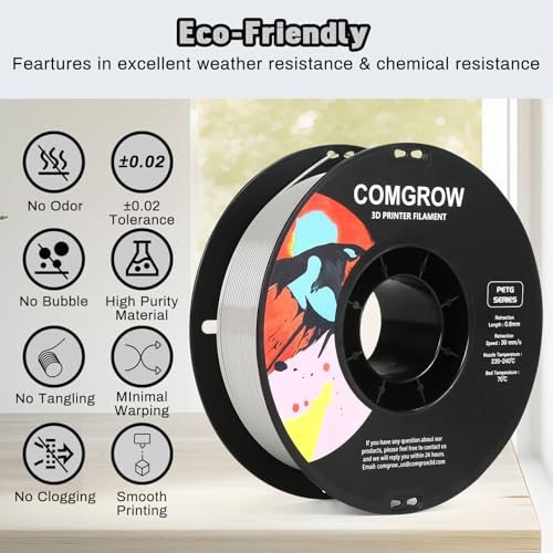 Image of Comgrow PETG 3D Printer Filament 1.75mm, High Precision and Tough 3D Printer Filament 2kg (4.4LBS), Dimensional Accuracy + /- 0.02 mm, Fit Most 3D Printers Gey + Grey