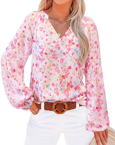 BTFBM Blouses for Women Dressy Casual Floral Boho Tops Trendy V Neck Lightweight Long Sleeve Shirts Fall Clothes 2025