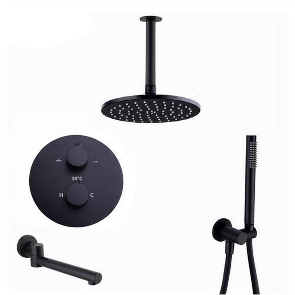 QUSYZD Shower System,Ceiling Mounted Brass Black Shower Faucets 8-12" Rainfall Shower Head Bathroom Thermostatic Mixing Valve with Handheld Shower Head+Bathtub Faucet,Luxur,10inch