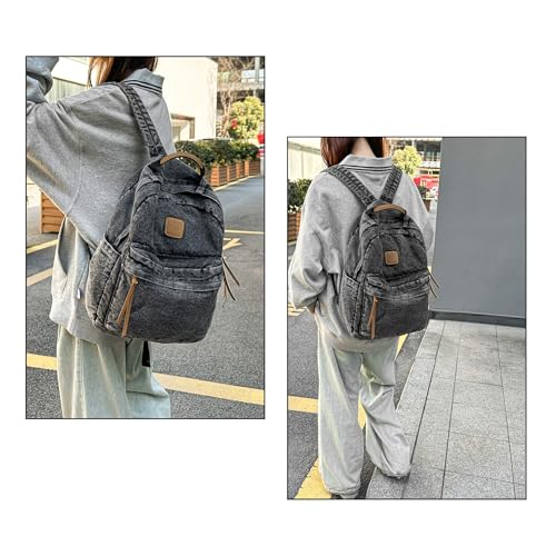 Vintage Denim Backpack for Women, Retro Jean Rucksack with Large Capacity, Lightweight Travel Daypack, Y2K Streetwear Aesthetic Shoulder Bag for Daily Use Work Outdoor Trips (Black)3