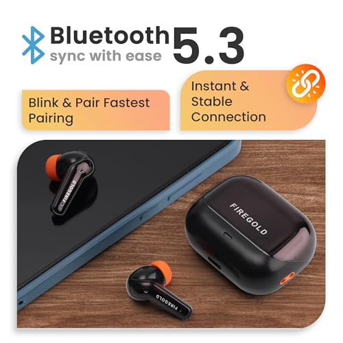 Image of FIREGOLD New Blastpods Wireless Earbuds with 4 Mic ENC, HD Sound Quality, 48 Hours Battery Backup (Black /Orange)