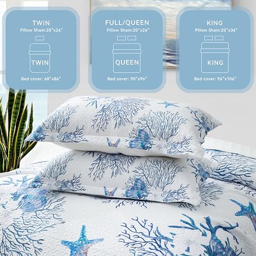King-Size-Steppdecke, nautisches King-Size-Bettwäsche-Set, Strandblau, leichte Tagesdecke, Decke, Algen, Seestern, Koralle, Heimdekoration… – Ansicht 3