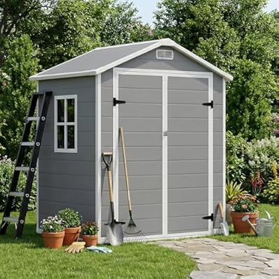 GARDENWORK 6×4 FT Outdoor Storage Shed with Floor,Plastic Garden Shed with Window and Lockable Door,Outside Waterproof Resin Shed Perfect to Store Patio Furniture,Garden Tools,Bike Storage,Chairs
