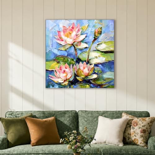 Image of PAINTINGMANTRA Lotus Flower Canvas Wall Art Painting for wall decoration, Lotus Flower Pond Floral Stretched Canvas for Living Room, bedroom, Home and Office, 22x22 Inch
