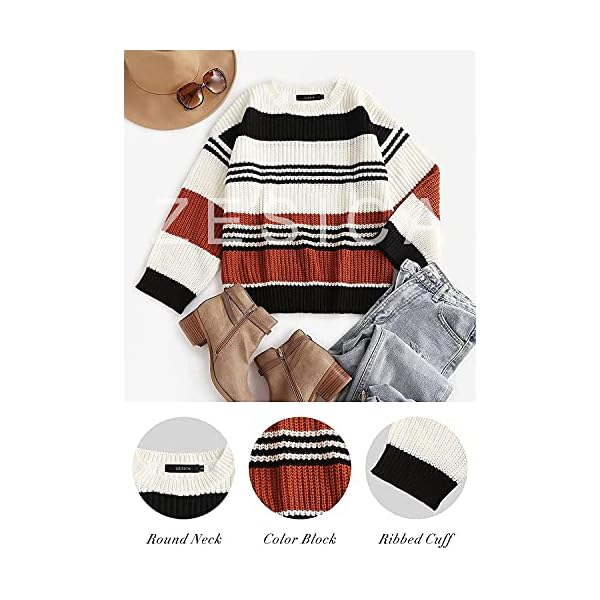 ZESICA Women's 2024 Fall Long Sleeve Crew Neck Striped Color Block Casual Loose Knitted Pullover Sweater Tops,Black,Medium