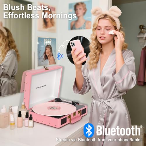 Vinyl Record Player Bluetooth, 3-Speed Turntable Vinyl Player, Portable Suitcase Record Players with USB/TF Recording & Playback, Built-in Speakers, Belt Drive, AUX/RCA/Headphone Jack, Pink - Image 3