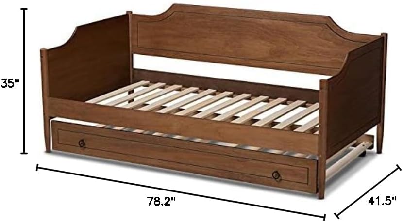 BOWERY HILL Twin Size Daybed with Roll-Out Trundle, Walnut Brown Finish, Rubberwood and MDF Construction, Farmhouse Style, Tapered Legs, Guestroom or Child's Room Bed, 78.2" W x 41.5" D x 35" H