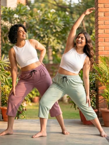 Image of Fflirtygo Women's Cotton Plain Calf Length Capri | Nightwear Short Pyjama | 3 /4th Solid Pyjama Pant | Regular Fit Casual & Lounge Wear Capri Combo (Pack of 2)
