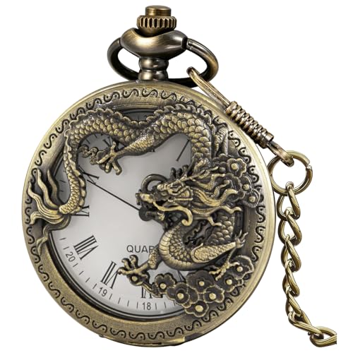 Image of Dragon Design Quartz Pocket Watch Roman Numerals with Chain Birthdays Gifts for Father's Days