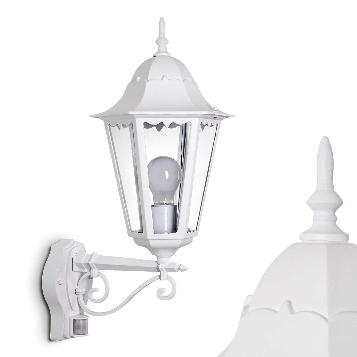 Hofstein Transparent, Clear, White Outdoor Wall Lamp Hong Kong With Motion Detector, Wall Lamp Upward In Antique Look, Cast Aluminium In White W. Clear Glass Panes, Wall Light For Terrace/Yard W. E27 Socket, Vintage, Without Bulbs