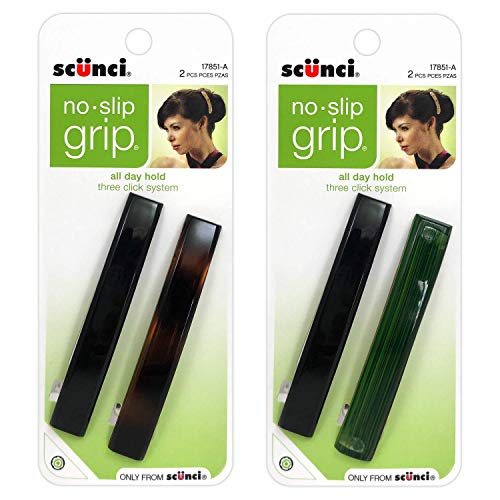 Scunci No-Slip Grip Barrettes, Three-Click System, Assorted Colors, 2-Pcs per pack (4-Pieces Total)