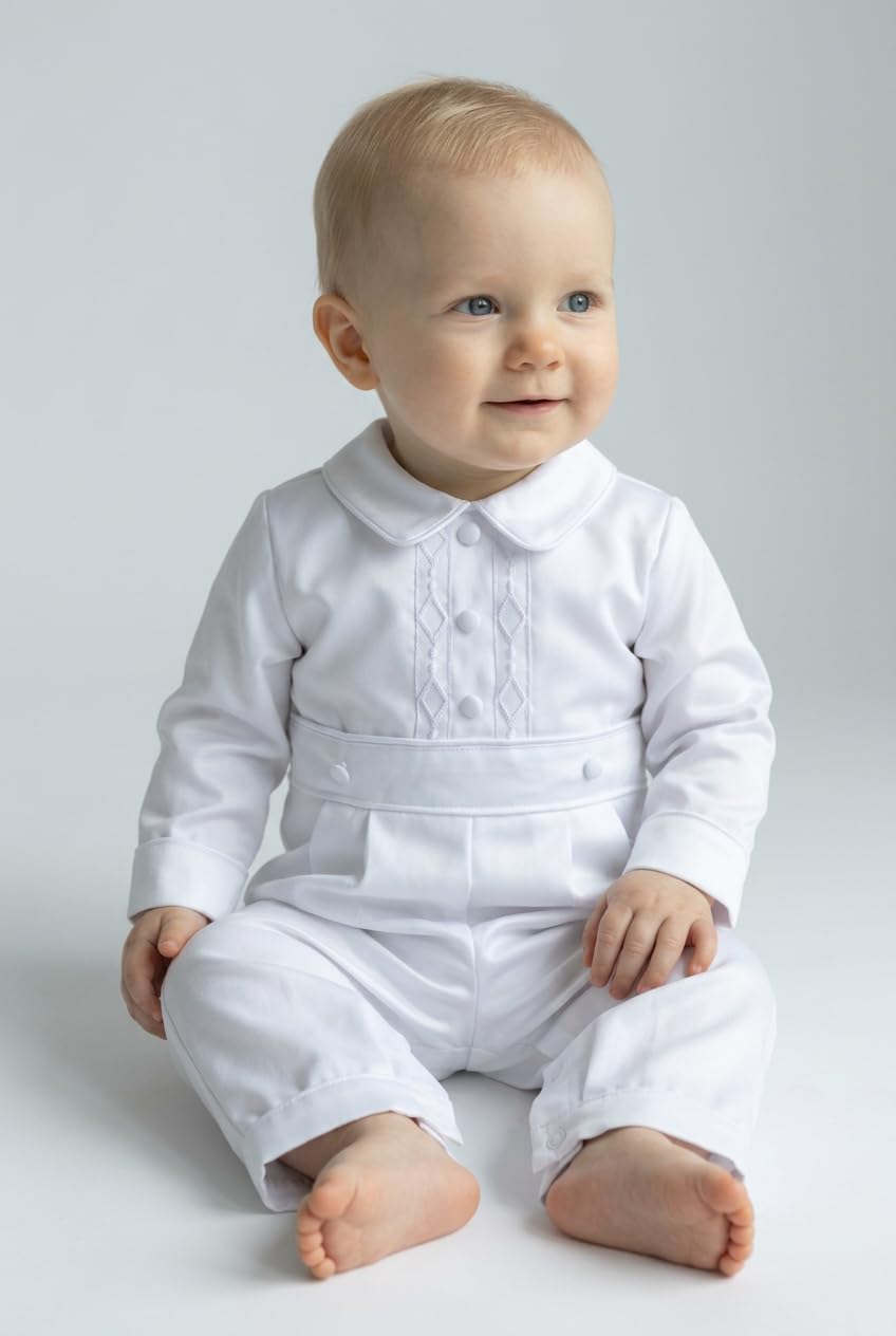 SIRRI Completo da Battesimo Bianco per Neonato, Composto da Tutina, Cappellino e Gilet Testurizzato.
