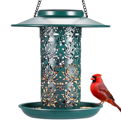 SWEETFULL Solar Bird Feeders for Outside Metal Outdoor Hanging,Wild feeders as Gift Ideas Lovers Garden Yard Patio Cardinals (Chew-Proof,Heavy Duty Weather Resistance 2LBs)
