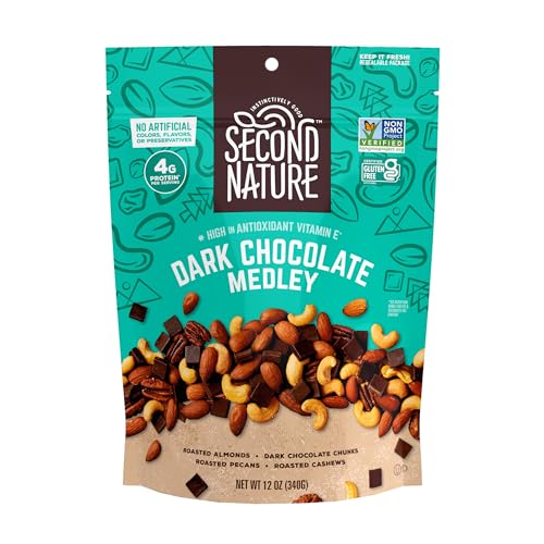 Second Nature Dark Chocolate Medley Trail Mix, 12 oz. Resealable Pouch (Pack of 1) – Certified Gluten-Free Snack Mix – Dark Chocolate and Nut Trail Mix Ideal for Quick Travel Snacks or Lunch Snacks