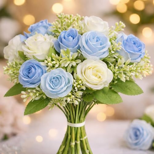 Image of Divyakosh Artificial Rose Flower Bunch for Vase (VASE NOT Included)| 20 Real Touch Blue & White Roses with Fillers & Leaves Faux Flower Bouquet for Home & Diwali Decor |