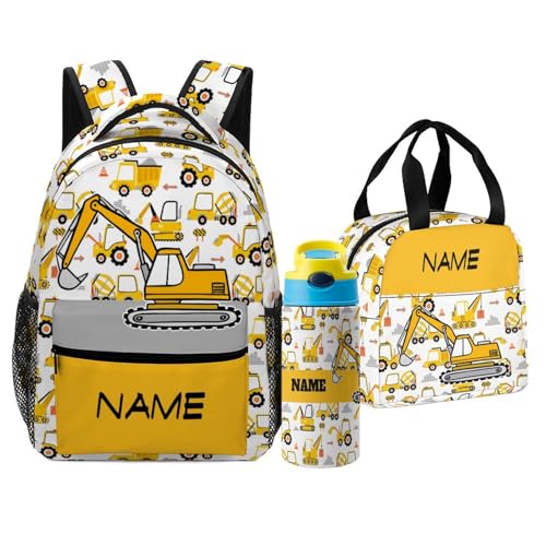 Custom Cartoon Car Truck Backpack for Kids Boys Girls Personalized Name School Bag with Lunch Bag Kids Water Bottle Customize 3Pcs Backpack Set