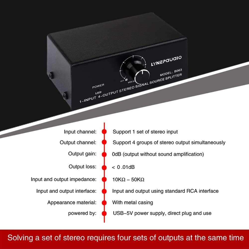 Separatore di sorgente segnale stereo 1 in 4 uscite audio RCA