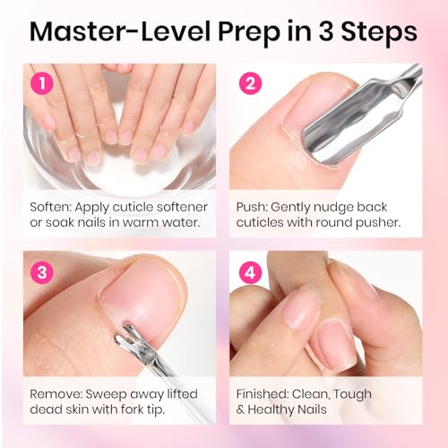 Image of Beetles Cuticle Pusher Dual Ended Cuticle Remover with Round End Push Back Cuticles Fork End Remove Lifted Cuticles Nail Prep Tool Stainless Steel Pink Two in One Dead Skin Nail Scraper