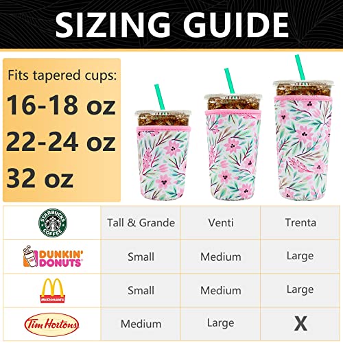 Image of YR Reusable Neoprene Insulator Sleeve for Iced Coffee Cups, 3 Pack Coffee Coolies sleeves for Iced & Hot Drinks, Cold Beverage Cooler Compatible with Starbucks Coffee and More (Pink Flower)