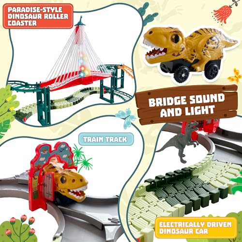 ELEGCOV 167PCS Dinosaur World Road Race with 6 Dinosaurs and 1 Dinosaur Car Toys, Dinosaur Track Toy Set, Dinosaur Toys Race Car Track Birthday Gifts for 2 3 4 5 6 Years Old Boys Girls Kids