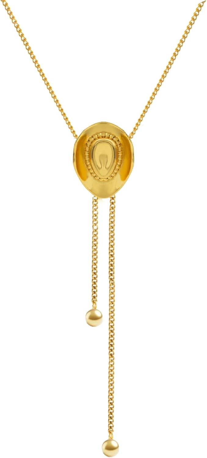 Cowboy Bolo Tie Necklace for Women Gold Western Cowgirl Hat Necklace Adjustable Bolo Tie Long Chain Necktie Country Rodeo Jewelry