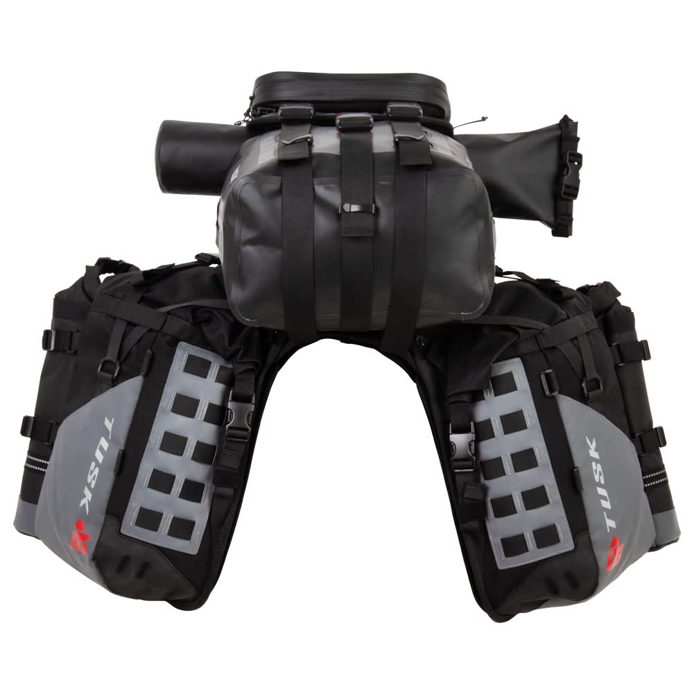 TUSK Highland X2 Rackless Luggage System w/Small Dry Duffel/Large Bottle Holders Compatible with KTM/Husky 690-701 Heat Shield Black/Grey