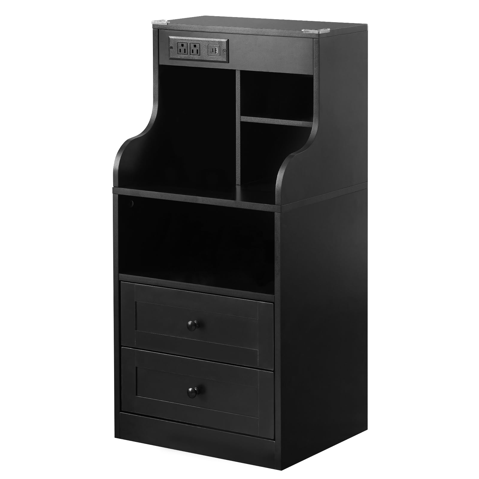 Mellolivin Black Nightstand with Charging Station, Tall Night Wood Stand with Drawers, LED Light and Smart, Large Bedside Table, End Table for Living