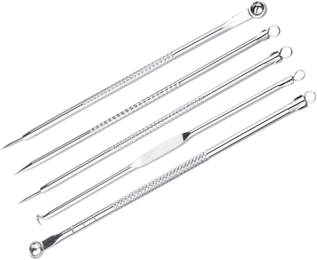 Blackhead Removal Extraction Tool 5Pcs Silver Facial Cleansing Kit with Mirror for Pimple and Blemish Treatment at Home