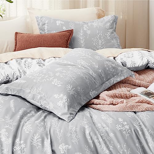 Image of Bedsure Duvet Cover Full Size - Reversible Grey Full Duvet Cover Set with Zipper Closure, 3 Pieces Cute Floral Botanical Pattern Bedding Set with 8 Corner Ties and 2 Pillow Shams