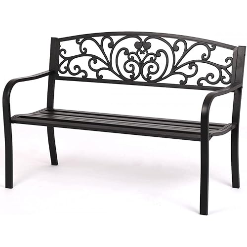Outdoor 50" Garden Bench Patio Bench with Steel Frame Cast Iron for Backyard Porch Entryway Outdoor Park Yard,Black