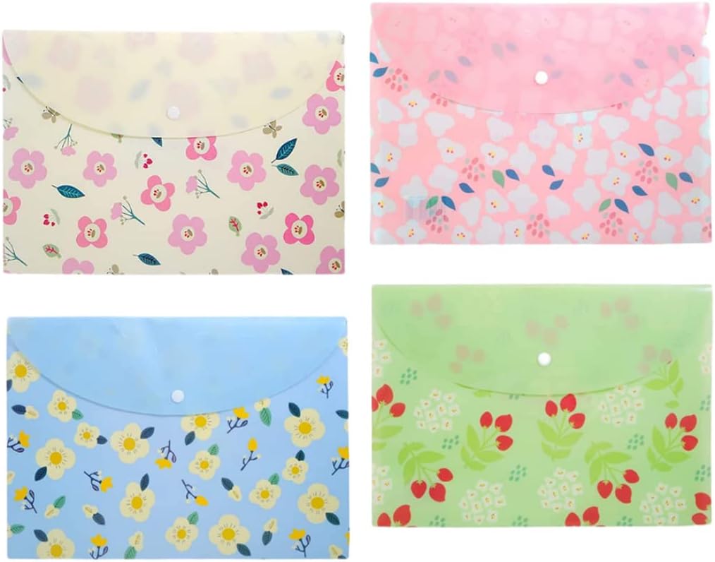 Plastic Envelope Floral Filling Document Folders A4 File Envelopes with Snap Closure, Plastic Envelopes with Snap Closure, 4pcs : Office Products