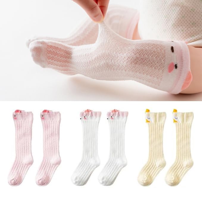 3 Pairs Baby Girls Stocking Polyester Cotton Mesh Stocking Knee High Breathable Summer Stockings Cartoon Baby Stockings Gift for Baby Girls 0-3 Years Old