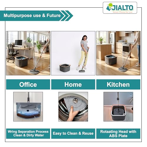 Image of JIALTO 360 Spin Mop & Drop Bucket Deluxe System | Reusable Microfiber Pads, Self-Wringing Mop for Wet & Dry Cleaning of Walls, Glass & Tiles and Home Floor Cleaning - Grey and Orange (Square)
