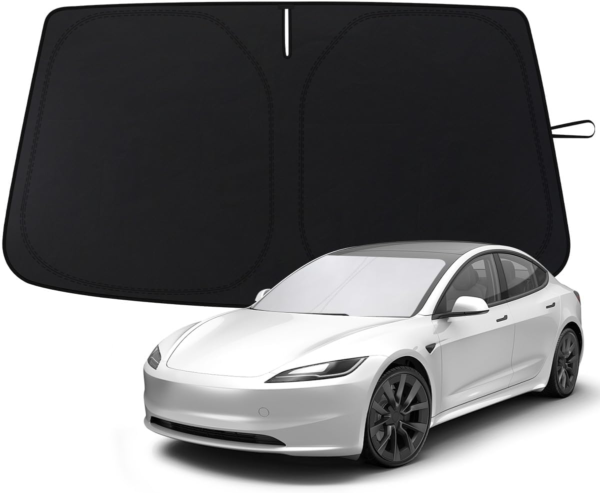 METOWARE Windshield Sun Shade for Tesla Model Y & Model 3 2017-2026, Custom Fit Foldable Front Window Sunshade, Heat & UV Reflective Sun Visor Keeps Interior Cool with Storage Bag