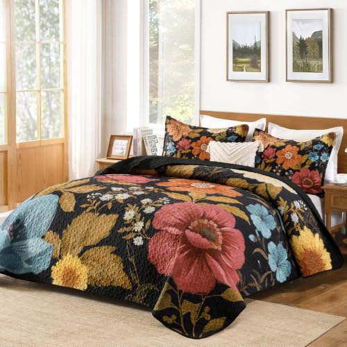 Image of Andency Floral Boho Queen Quilt Bedding Set Black Golden, 3 Pieces Farmhouse Flower Botanical Summer Bedspreads with 2 Shams, Soft Reversible Lightweight Polyester Coverlet Set for All Season, 90 inchx96 inch