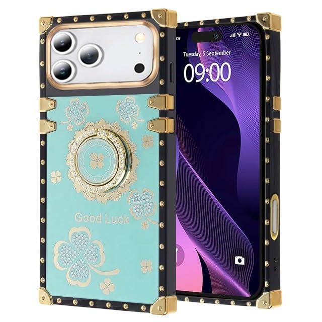 Coque iPhone 17 turquoise anneau luxe protection silicone rigide