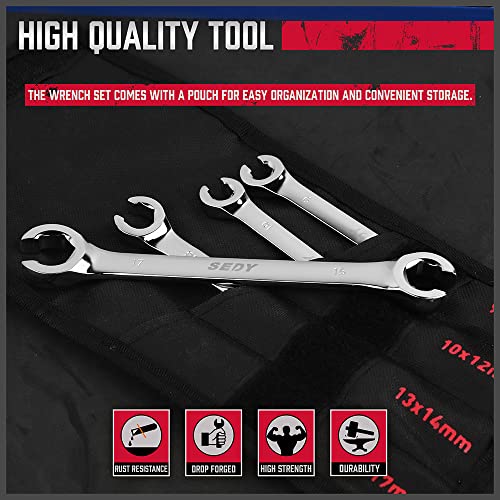 SEDY 4-Piece Flare Nut Wrench Set, Offset End Spanner Metric 9 10 11 12 13 14 15 17mm, CR-V Steel Storage Pouch Repair and Remove Nuts on Fuel Tube Hose Transmission Line by SEDY - Image 5