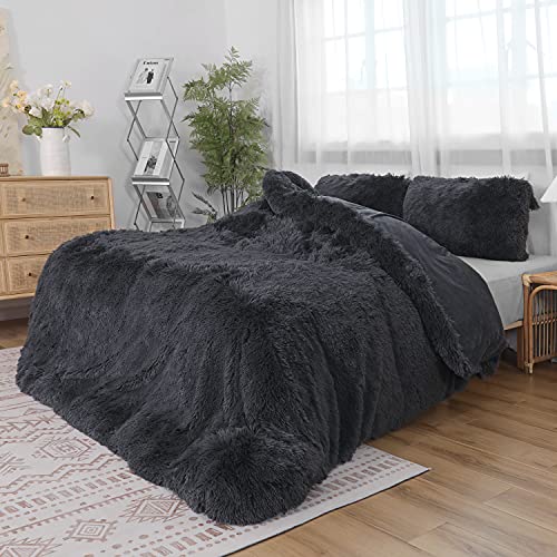 Kivik Fluffy Comforter Cover Set King Size, Shaggy Faux Fur Plush Duvet Cover,Crystal Velvet Bedding Set Zipper Closure Fuzzy Cover 3 Pieces (1 Duvet Cover + 2 Pillow Shams),90x104 in, Dark Grey