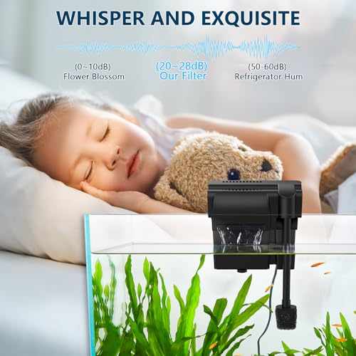 Image of fishkeeper 6W 180GPH Ultra-Quiet Hang On Back Aquarium Filter, <28dB Whisper 4-Stage Biochemical Fish Tank Filter with Waterfall Oxygenation for 10-50Gal Fresh /Saltwater Tanks, w /Two Free Cartridges