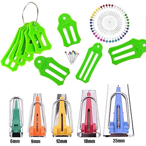 HONEYSEW Set of 15 Size Fabric Bias Tape Maker Tools Fabric Sewing Quilting Bias Binding Maker Come with 40 pcs of Multi-Color Quilting Pins Jelly Roll Sasher Tool Set Cover