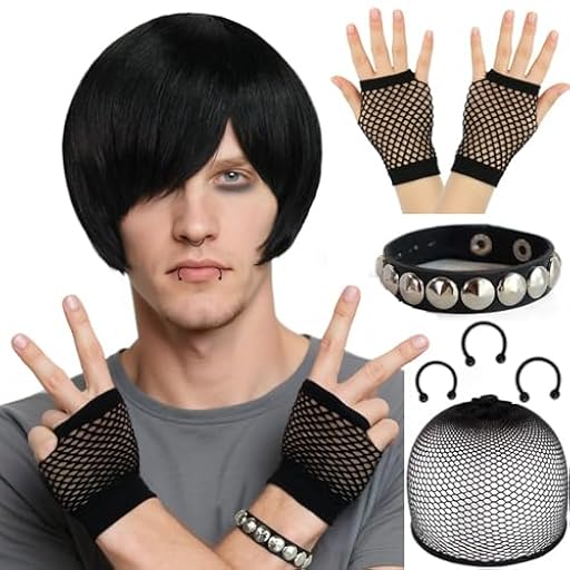 BEKIDER (3 piercings falsos+1 par de guantes de malla+1 pulsera+1 redecilla) peluca emo para hombres peluca corta negra cosplay pelucas góticas disfraz de fiesta de Halloween Navidad | Ya disponible en tu tienda friki favorita! En mundofriki.es!
