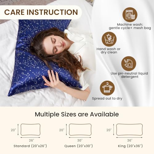 Image of THXSILK Natural Mulberry Silk Pillowcase for Hair and Skin Heath, Grade 6A+ Mulberry Silk Hypoallergenic Pillow Cover with Zipper, 1pc (King 20 inchx36 inch, Navy Blue Constellation Pattern)