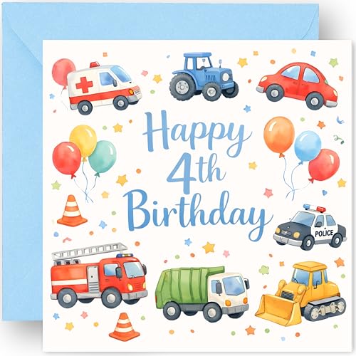4th Birthday Card for Boys - Four Today 4 Years Old - Cute Vehicle Design - Happy Fourth Birthday Greeting Card for Grandson Nephew Son - Includes Blue Envelope 14cm