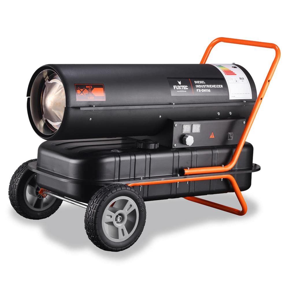 Generatore aria calda a diesel FUXTEC DH116 - Termoventilatore a gasolio potenza termica di riscaldamento 30 kW, serbatoio 38L(13h), accensione elettrica, termostato regolabile.