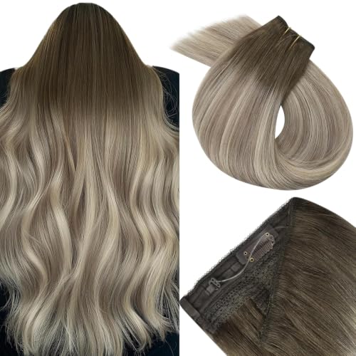 Image of Easyouth Wire Hair Extensions Ombre Wire Hair Extensions Real Human Hair Dark Brown Ombre Medium Brown Balayage Blonde Fish Line Human Hair Extension Easy to Install 14 Inch 70g