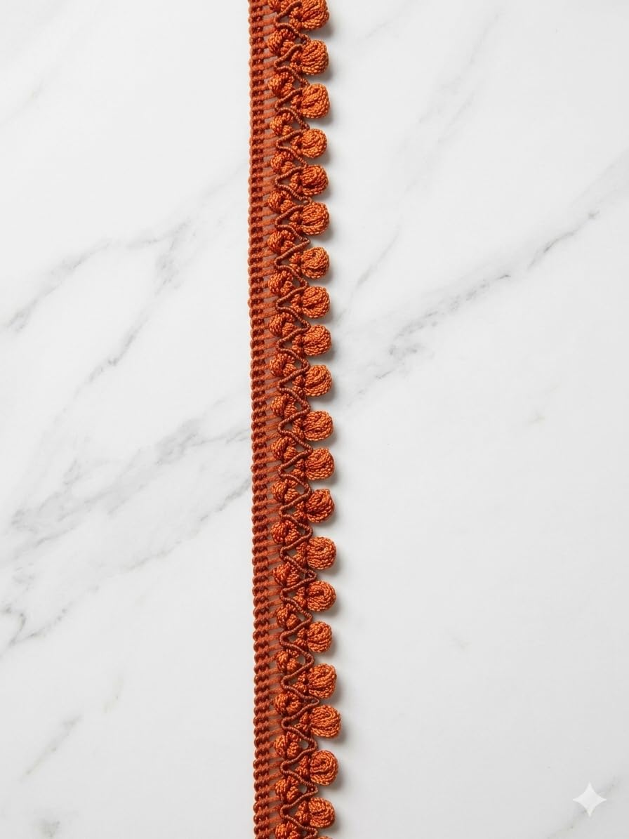 Rust Polyester Payal Lace Trim 12 Metre, LOTUS INTERNATIONAL | Ball Fringe Design, For Kurtis & Sarees, Cushion & Curtain Use, Decorative Border Trim, Rust Colour-image-8