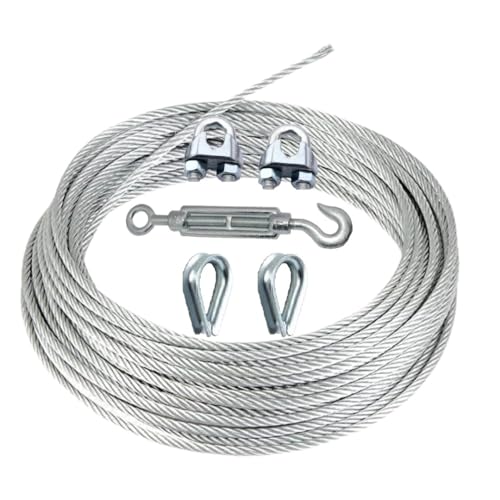 Image of Stainless Steel Cable Wire Rope for Hoisting, (20 Mtrs Length with 2 Uclamp 2 Thimble 1 Turnbuckle, 3 MM Diameter)