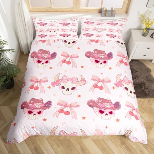 Manfei Cartoon Cowgirl Skull Duvet Cover Toddler for Kids Teens,Kids Girly Pink Bowknot 2 Pieces Duvet Cover,Lovely Westerm Cow Skull Comforter Cover (Not Comforter),Dreamy Cherry Bow Quilt Cover